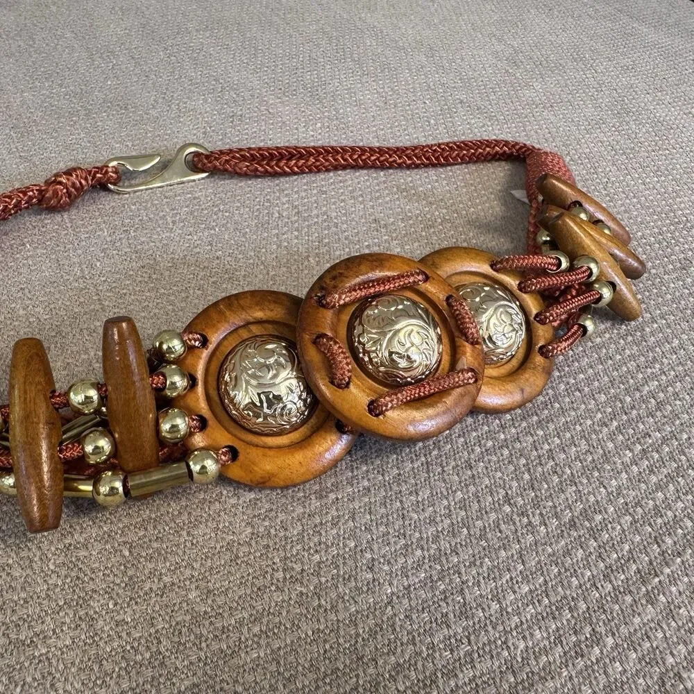 VTG Braided Rope Belt Macrame Woven Boho Style Wood Beads Gold 80s Vibe 545
